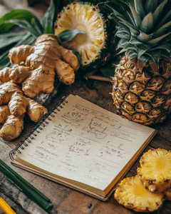 A notepad surrounded by illustrations of ginger and pineapple.
