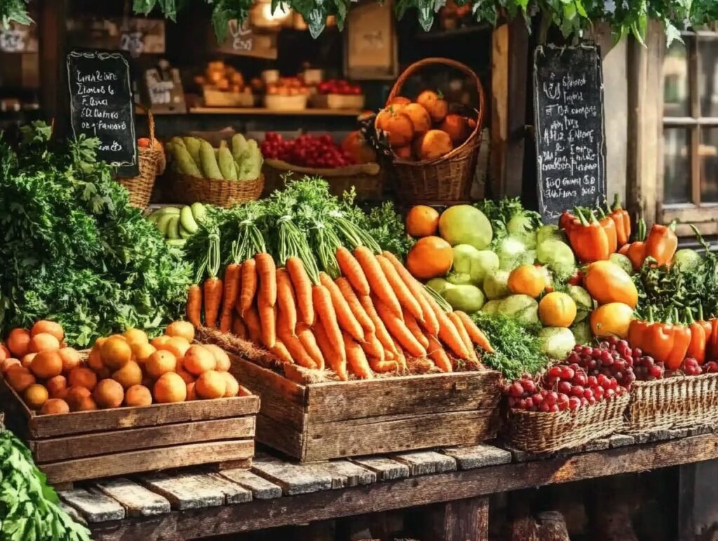 Farmers Market Display Carrots And Fresh Fruits