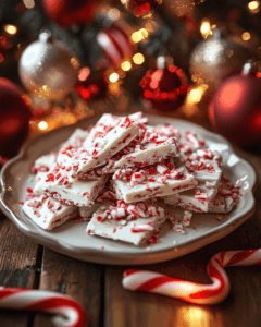 Peppermint bark arranged on a festive holiday table