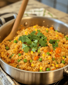 One-pot pilaf with mixed vegetables and fresh cilantro garnish