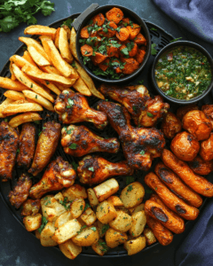 Crispy chicken wings, fries, and vegetables cooked in an air fryer.