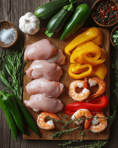 Fresh chicken and shrimp with vegetables and herbs on a cutting board