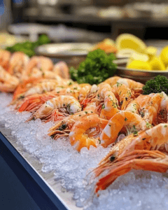 Fresh shrimp on ice at a seafood market.