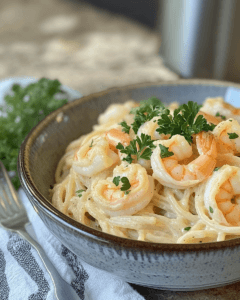 A plate of shrimp spaghetti with creamy sauce and fresh herbs, perfect for a cozy dinner