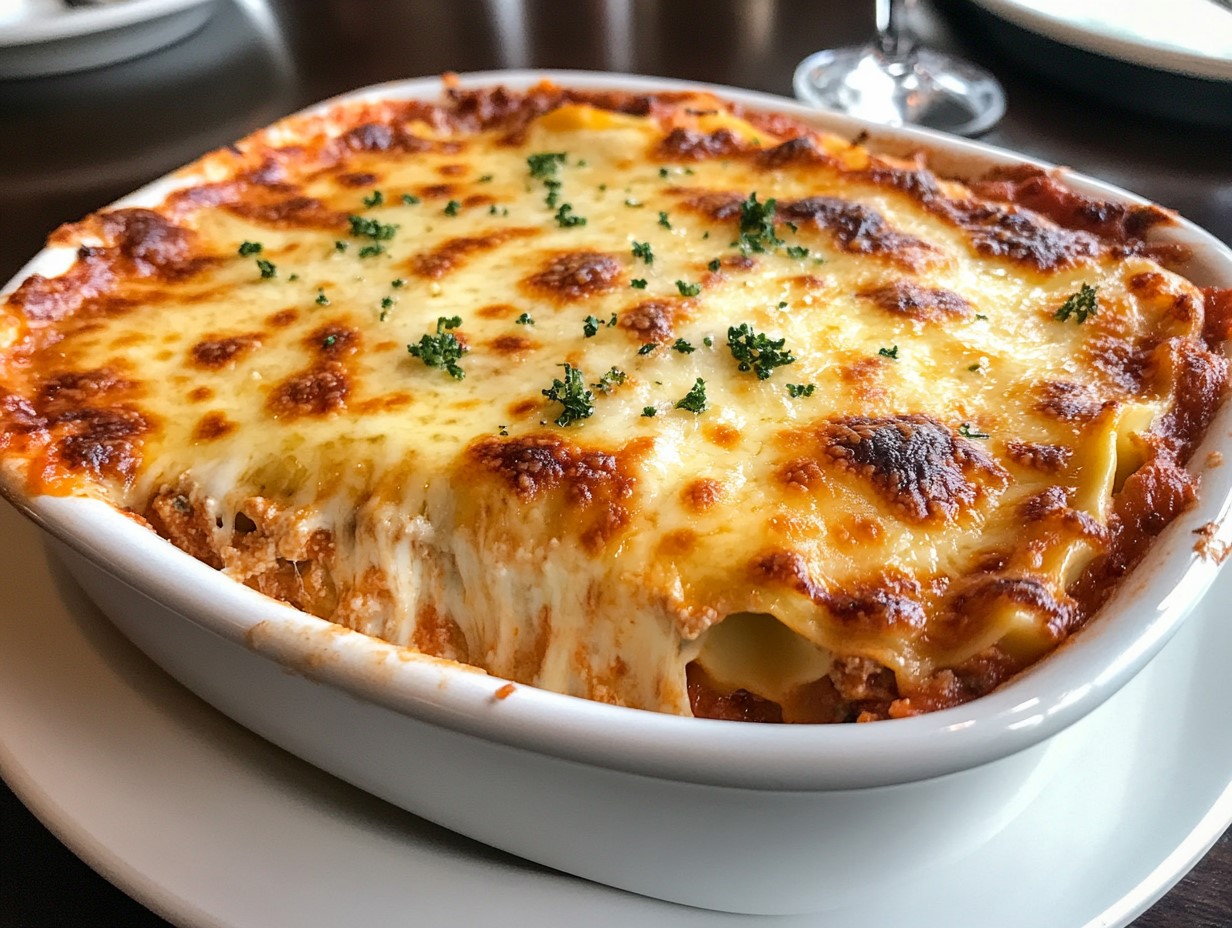 Freshly Baked Lasagna With Golden Bubbling Cheese