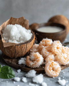 Pack of frozen coconut shrimp with fresh coconuts