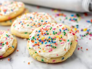 Funfetti cookies with sprinkles and vanilla frosting