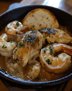 Garlic butter chicken and shrimp in a skillet with parsley garnish