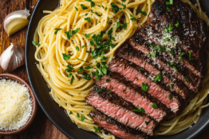 Garlic butter steak pasta served with spaghetti