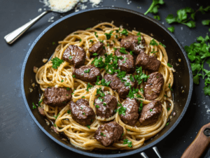Garlic butter steak pasta in a skillet with parsley