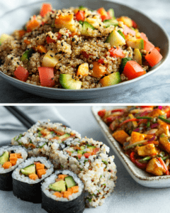 A variety of dishes featuring quinoa and rice from different cuisines.