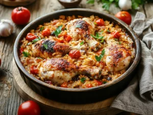 Baked chicken and rice casserole fresh out of the oven