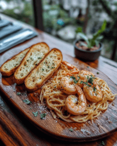 Golden garlic bread served alongside shrimp spaghetti for a delicious pairing