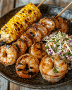 Gourmet BBQ shrimp served with grilled corn and coleslaw on a rustic table."