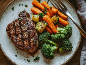 Grilled lean steak with roasted vegetables