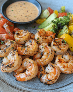Grilled shrimp with veggies and dipping sauce