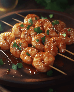Grilled shrimp skewers coated in soy-ginger glaze, garnished with sesame seeds and fresh cilantro