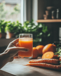 A person holding homemade carrot juice in a bright, natural morning setting with fresh produce.