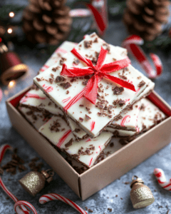 Peppermint bark as a holiday gift in a decorative box