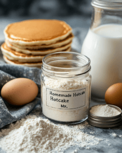 A jar of homemade hotcake mix surrounded by fresh ingredients.