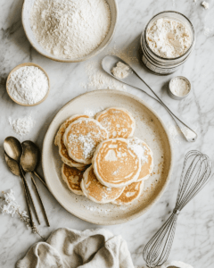 Hotcakes with ingredients and tools for making hotcake mix.