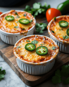 Ramekins of taco lasagna with colorful toppings.