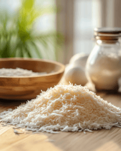 Shredded coconut, batter mix, and spices on a wooden table.