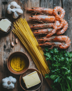 Flat-lay of ingredients for shrimp spaghetti, including shrimp, garlic, spaghetti, and fresh herbs
