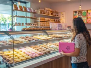 Inside a Crumbl bakery with a customer holding a pink box