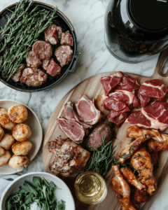 Air fryer surrounded by raw and cooked meat options