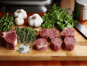 Selection of lean steak cuts on a butcher block
