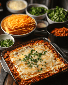 Assembling layers of tortillas, ground beef, cheese, and sauce in Mexican lasagna.