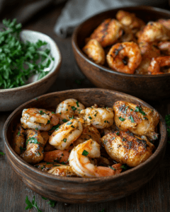 Marinated chicken and shrimp ready for cooking