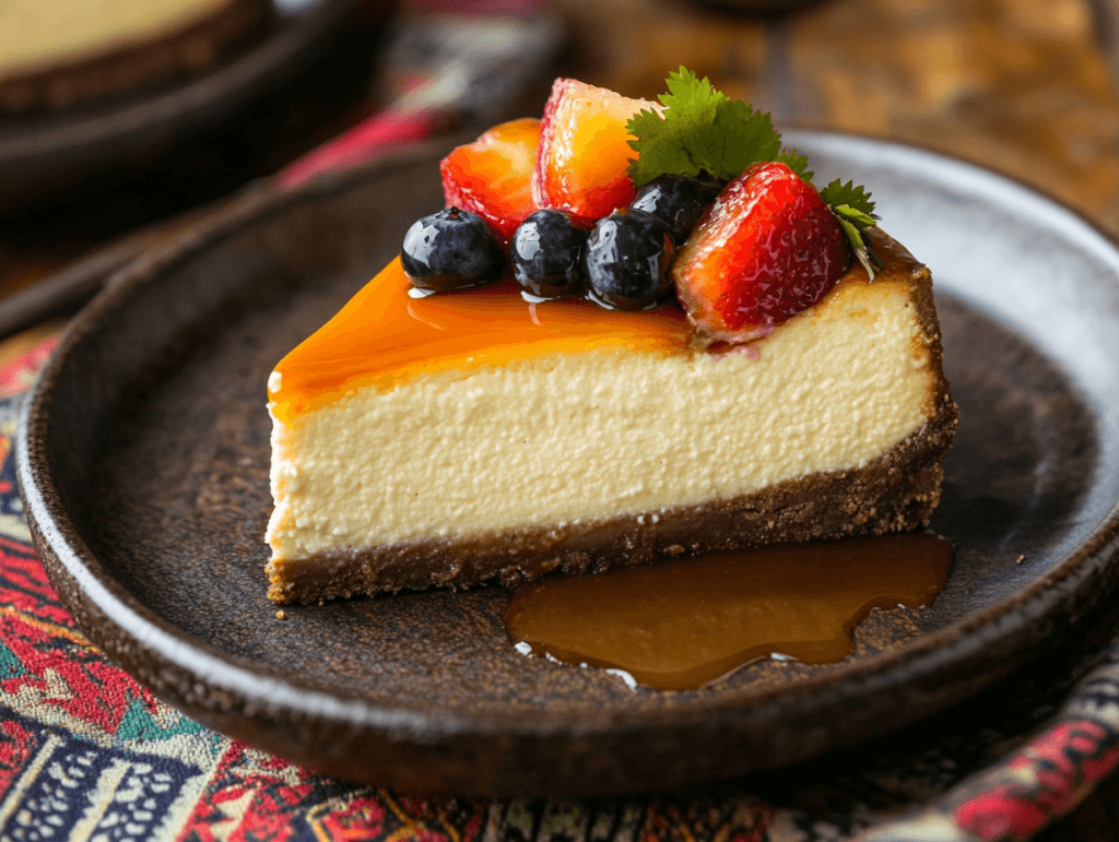 A close-up of Mexican cheesecake slice with caramel drizzle