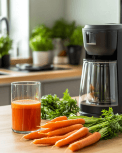 Modern kitchen scene with a blender, fresh carrot juice, and peeled carrots