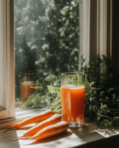 Fresh carrot juice on a sunny windowsill with unpeeled carrots lying beside it