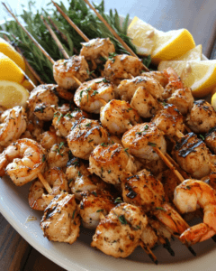 Fresh chicken and shrimp with vegetables and herbs on a cutting board.