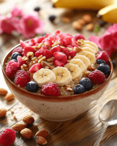 Breakfast bowl with grains, banana slices, fresh berries, and nuts
