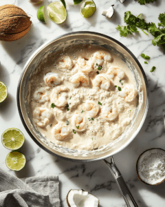 Creamy coconut shrimp in a skillet with fresh coconut, garlic, and lime on a marble countertop.