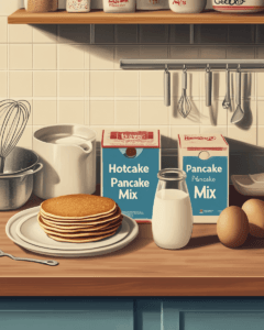 A close-up of batter being poured into a frying pan, with text overlay comparing hotcake mix and pancake mix.