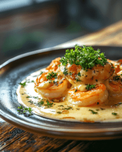 Shrimp spaghetti served with garlic bread and Caesar salad on a rustic table