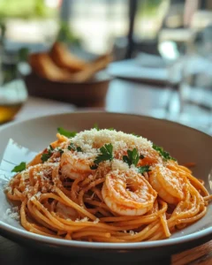 Shrimp spaghetti plated with fresh parsley and Parmesan cheese on a rustic table