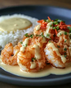 Plated Chinese Style Coconut Shrimp Drizzled