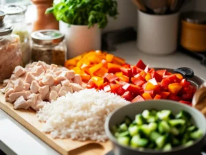 Ingredients for cooking raw chicken and rice together in one pot