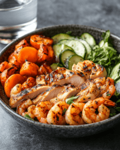 A healthy serving of chicken and shrimp with fresh vegetables and a glass of water
