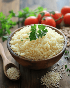 Bowl of quinoa rice garnished with fresh herbs and vegetables"