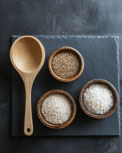 Nutrition comparison chart between quinoa and rice with grains displayed.