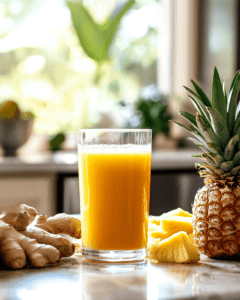 A glass of ginger-pineapple juice surrounded by fresh ingredients
