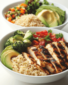 Healthy meal bowls featuring rice in one and quinoa in the other.