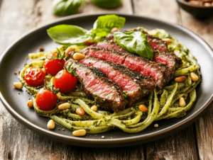 Ribeye steak with pesto linguine and cherry tomatoes